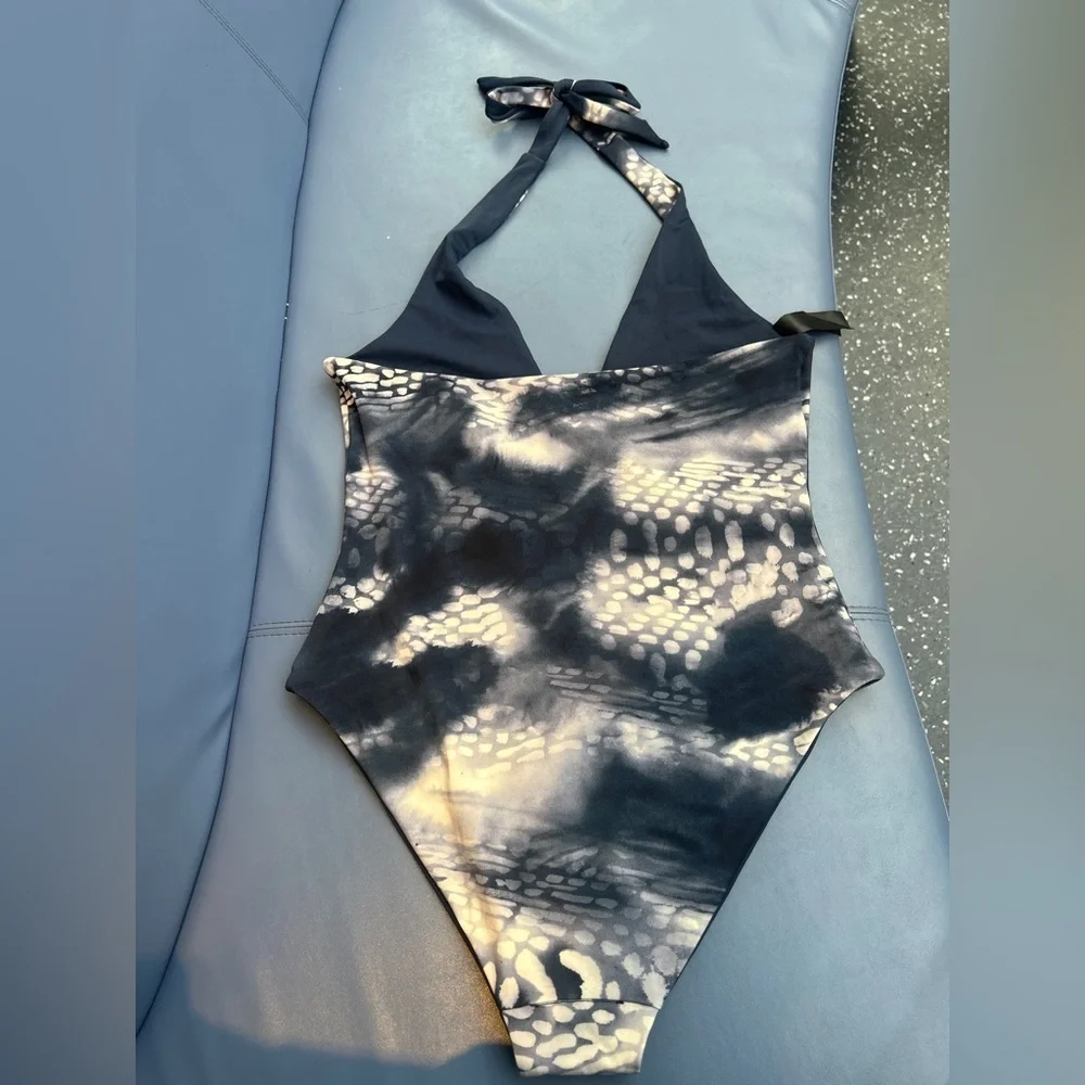 REVERSIBLE PRINTED PLUNGE SWIMSUIT Cos Navy Blue x Blue Pattern One Piece NWT